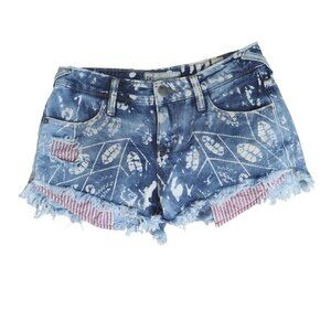 Free People Shibori Bleach Denim w Stripe Distressed Cutoff Mini Shorts Sz 24